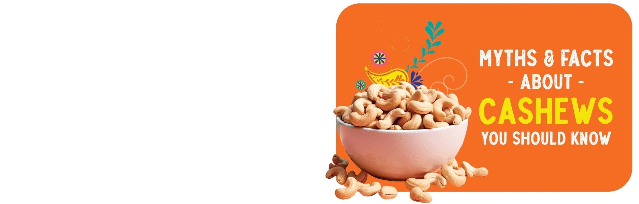 Bold orange banner with a bowl of cashews and the words ‘Myths & Facts About Cashews You Should Know’.